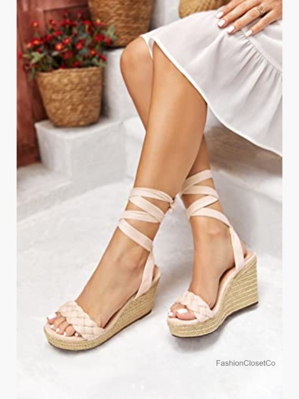 Braided Wedge Espadrille Sandals Lace Up Slingback Open Toe Platform Heeled - Picture 2 of 7